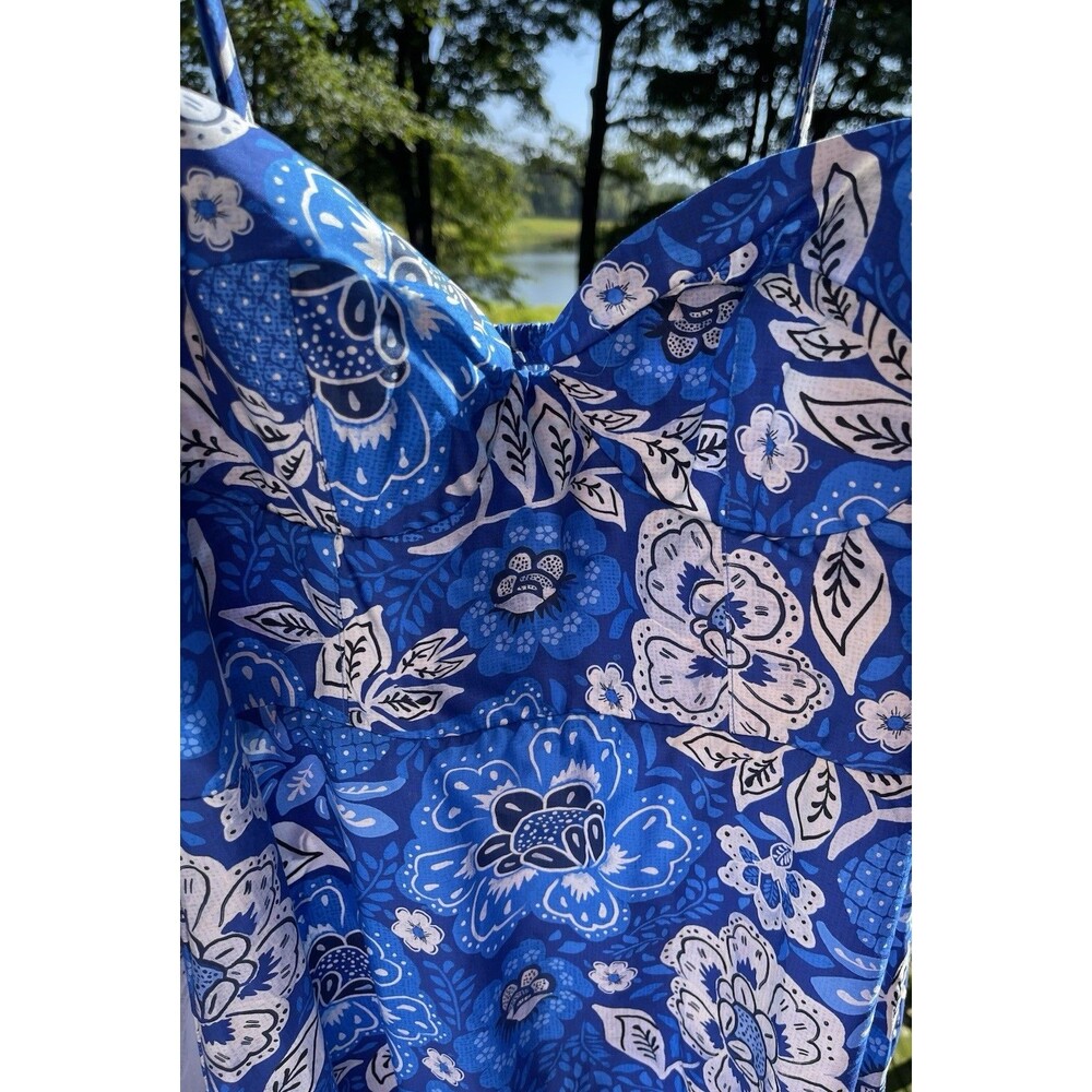 Farm Rio Full of Flowers Blue Midi Dress Organic Cotton Midi Size Medium NWT